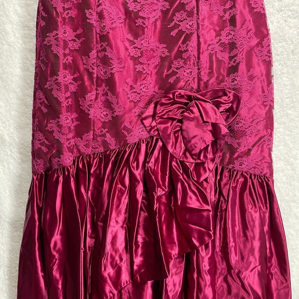 Vintage 80s Magenta Lace Satin Dress Puff Sleeve Prom Party Retro Size Small - Picture 13 of 15